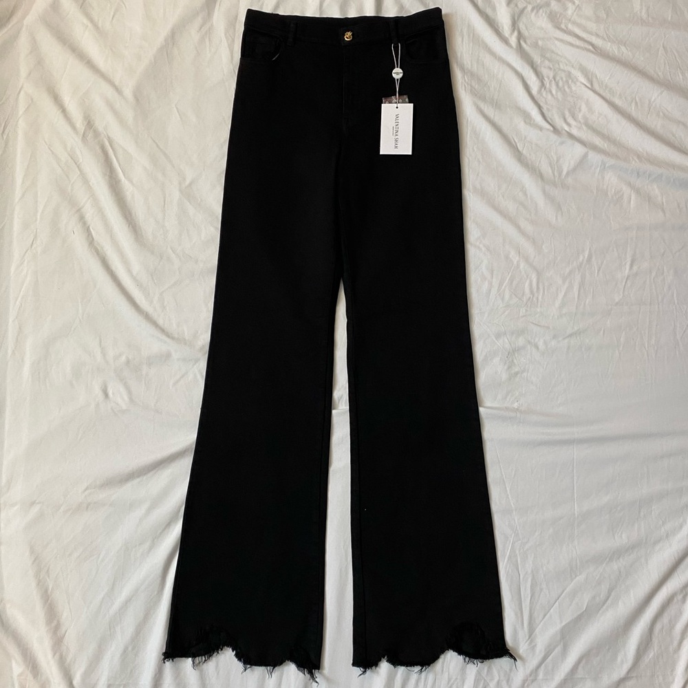 NWT Valentina Shah Black Wide-Leg Flared Jeans with Frayed Hem, Size 6/8, Italy